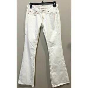 True Religion Joey Low-Rise Flare Jeans Ivory Denim Orange/Red Stitching Sz 28